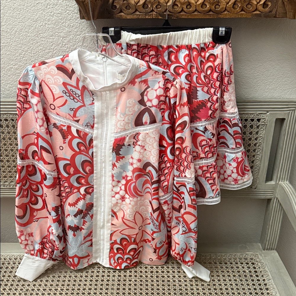 Floral Red and Pink Blouse and Skirt Set